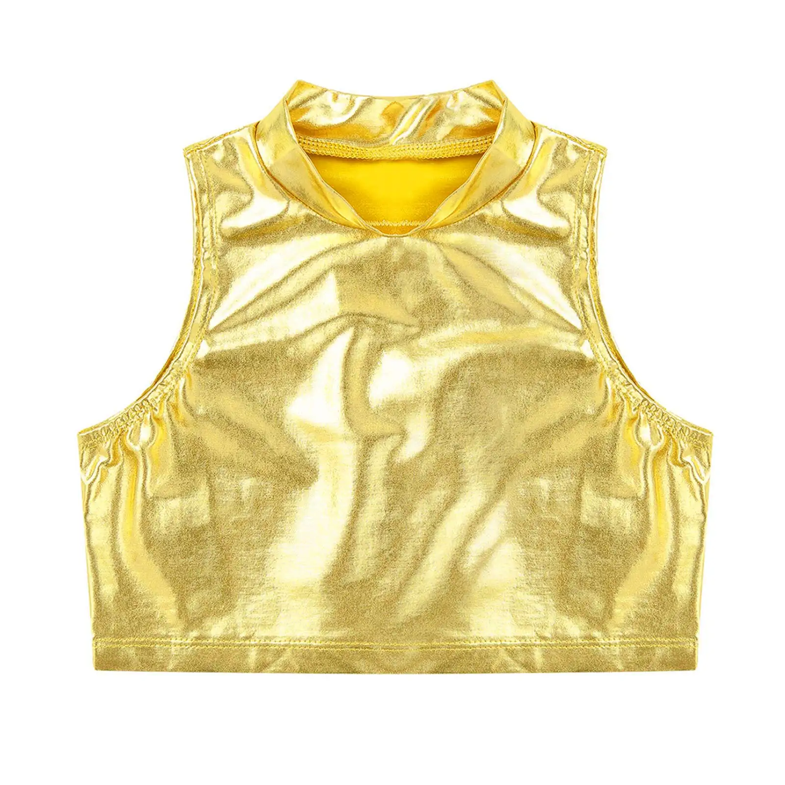 Kids Girls Metallic Sleeveless Turtleneck Crop Top with Irregular Hem Skirt for Dance Stage Performance