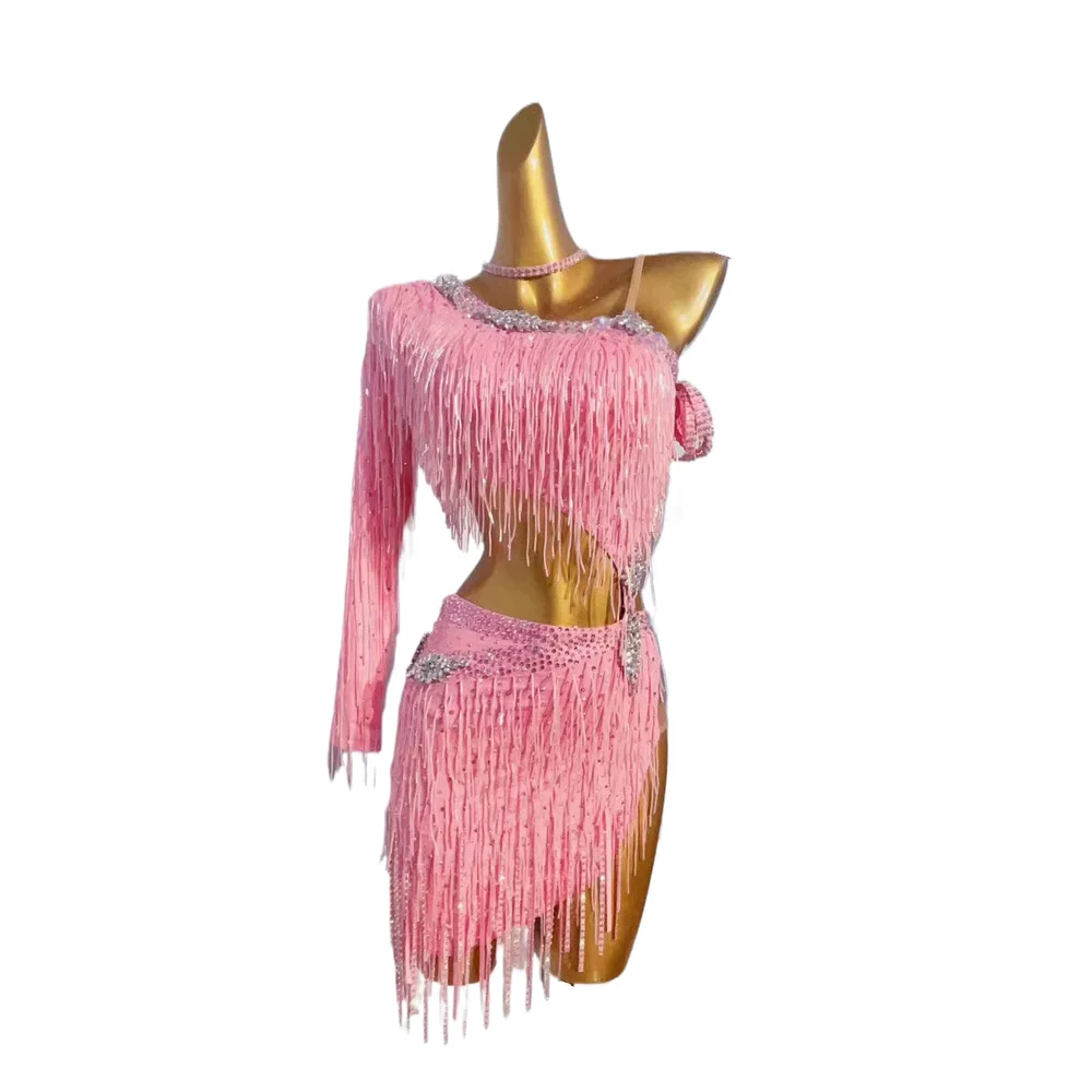 Concorso di danza latina Abbigliamento da donna Personalizzato di fascia alta per bambini Rosa carino Rumba Samba Performance Costume Abito Blackpool