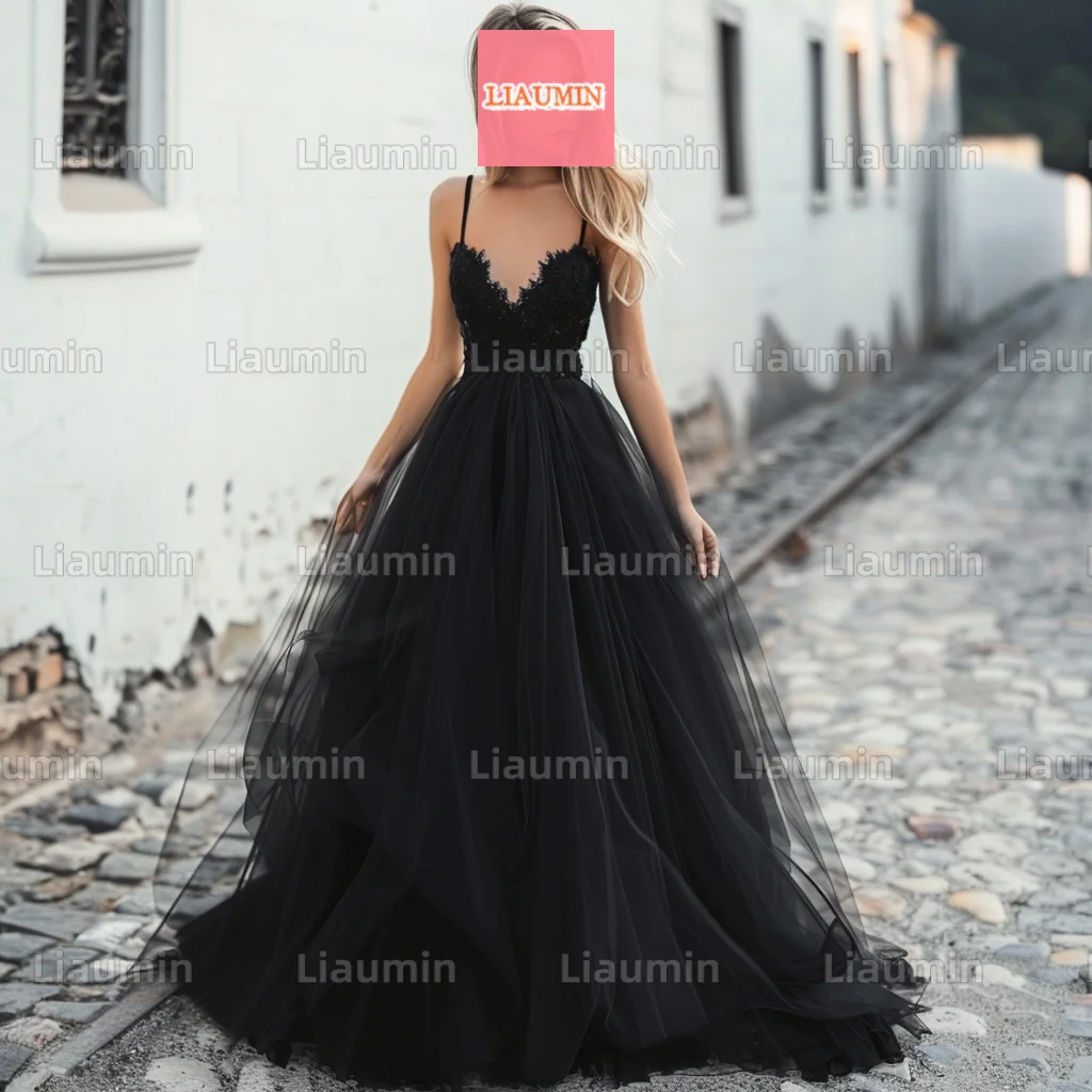 

Custom Made Simple Black Tulle With Lace Applique Spaghetti Strap Lace Up Back Evening Prom Dresses Full Length Formal W17-1.19