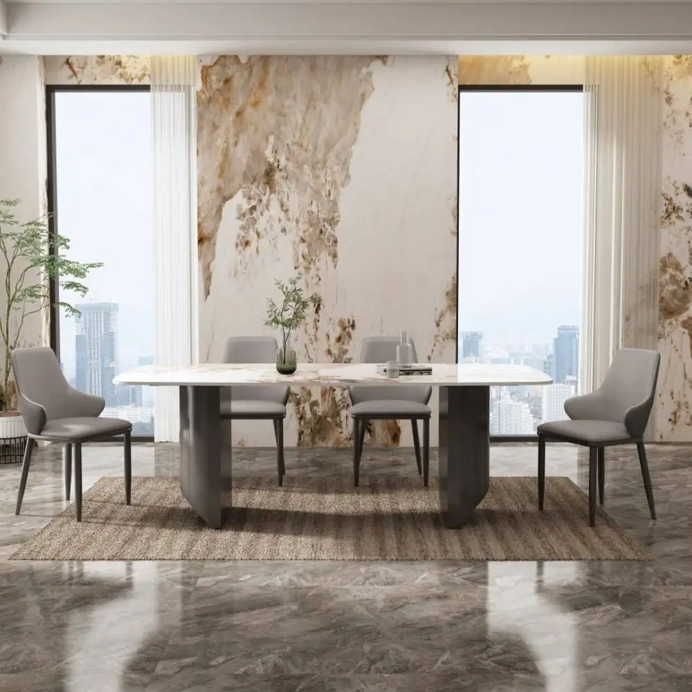 #Italian Minimalist Square Stone Marble-Effect Slab Dining Table Modern Streamlined Stainless Steel Eco-Friendly Durable 6