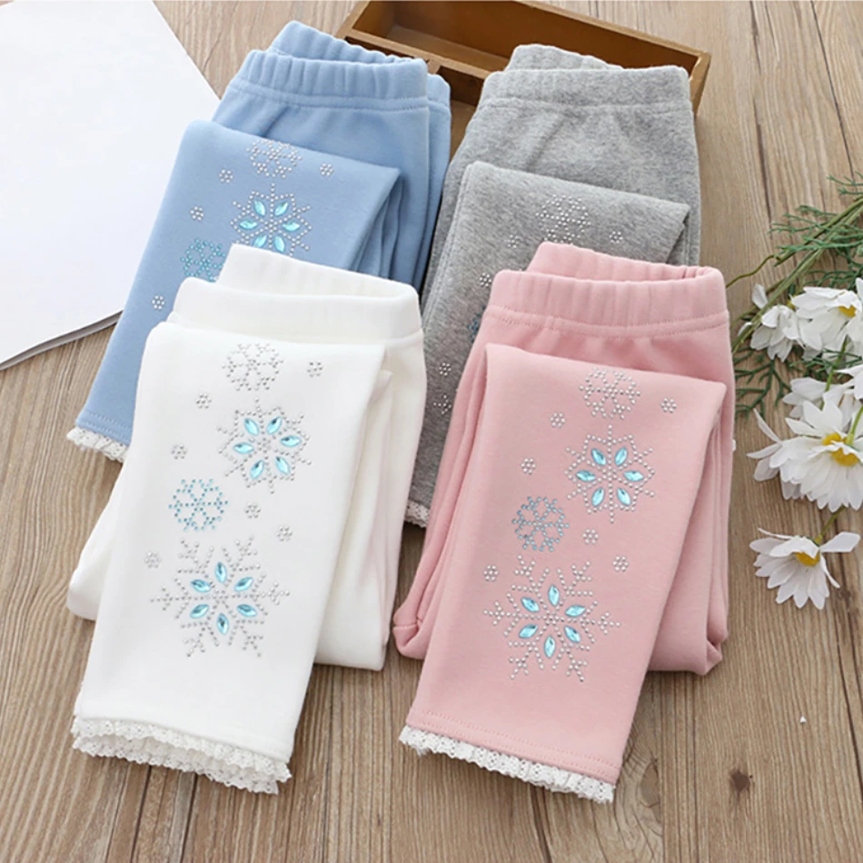 

High-Quality Girls Casual Daily Wear Pants Spring and Autumn Adorned Elegant Snowflake and Rhinestone Designs Kids Leggings