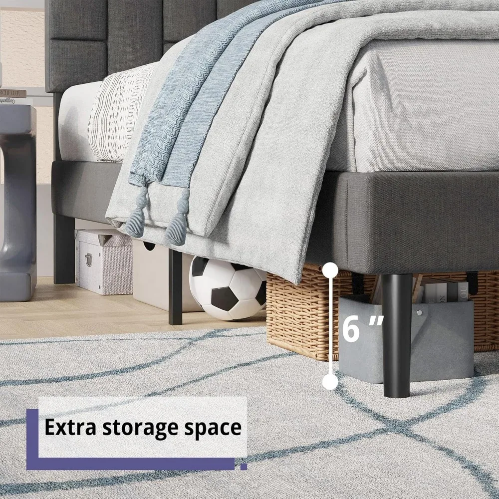 Estrutura de cama de solteiro, cama de plataforma estofada moderna com cabeceira, sem ruído, sem necessidade de molas, cinza