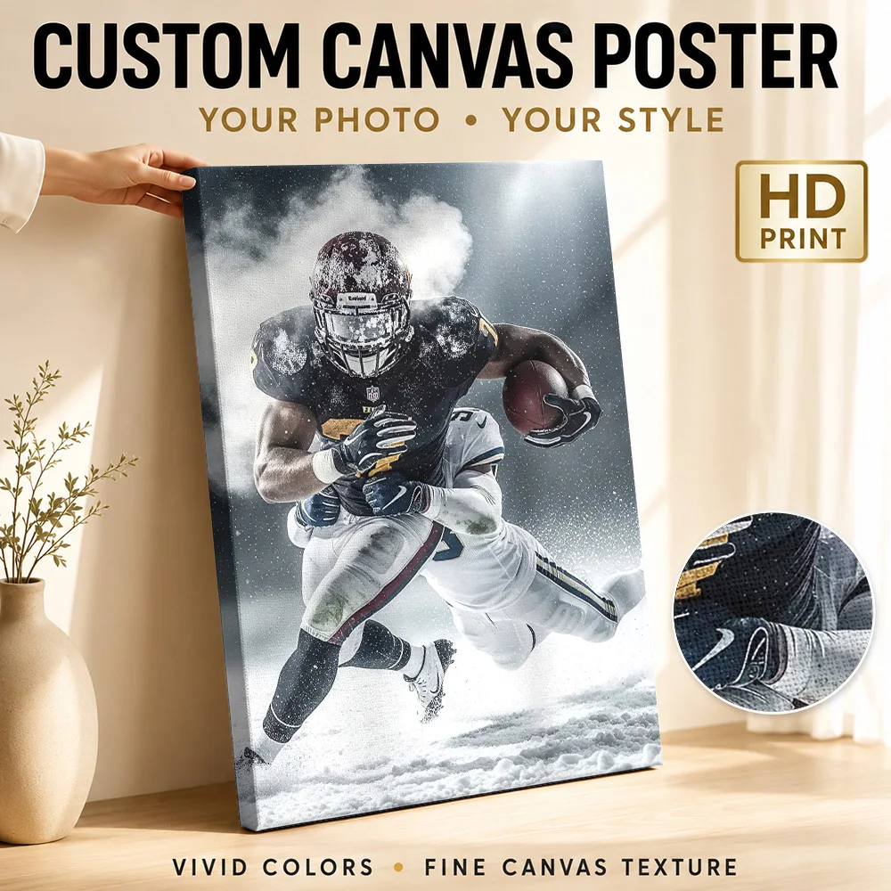 American Football Players in Snow Canvas Painting Poster Personalized Photo Sports Portrait Canvas Wall Art for Man Cave Decor