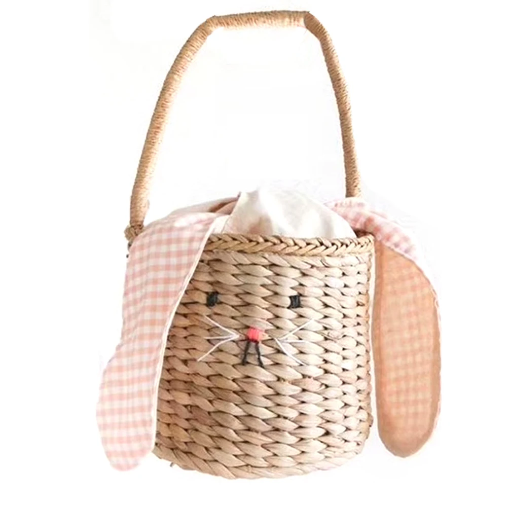 Rattan Bucket Bag for Children's&Adults,Beach Straw Bag,Shoulder Messenger Basket Bag,Handbag with Bunny Ears