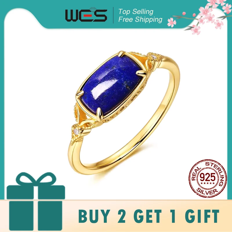 

WES 925 Sterling Silver Geometric Natural Sapphire Lapis Lazuli Rings for Woman Gold Plated Birthstone Birthday Gifts Wholesale