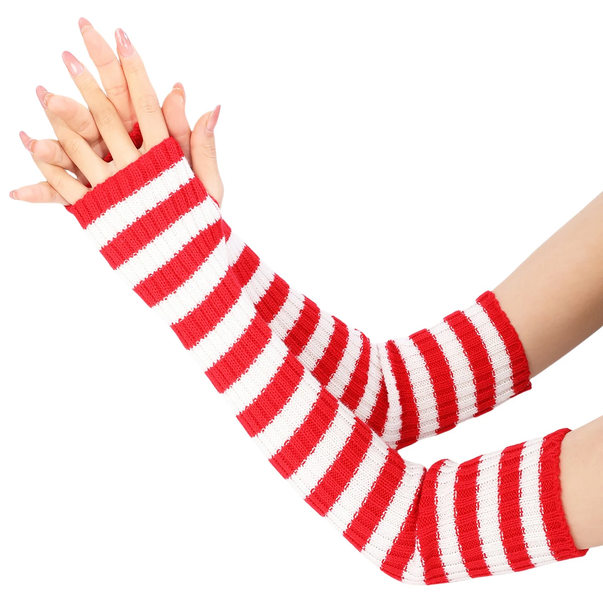 Womens Arm Warmer Girls Winter Autumn Long Arm Sleeve Stripes Knitted Mitten Fingerless Glove Stretchy Elbow Length Wrist Warmer