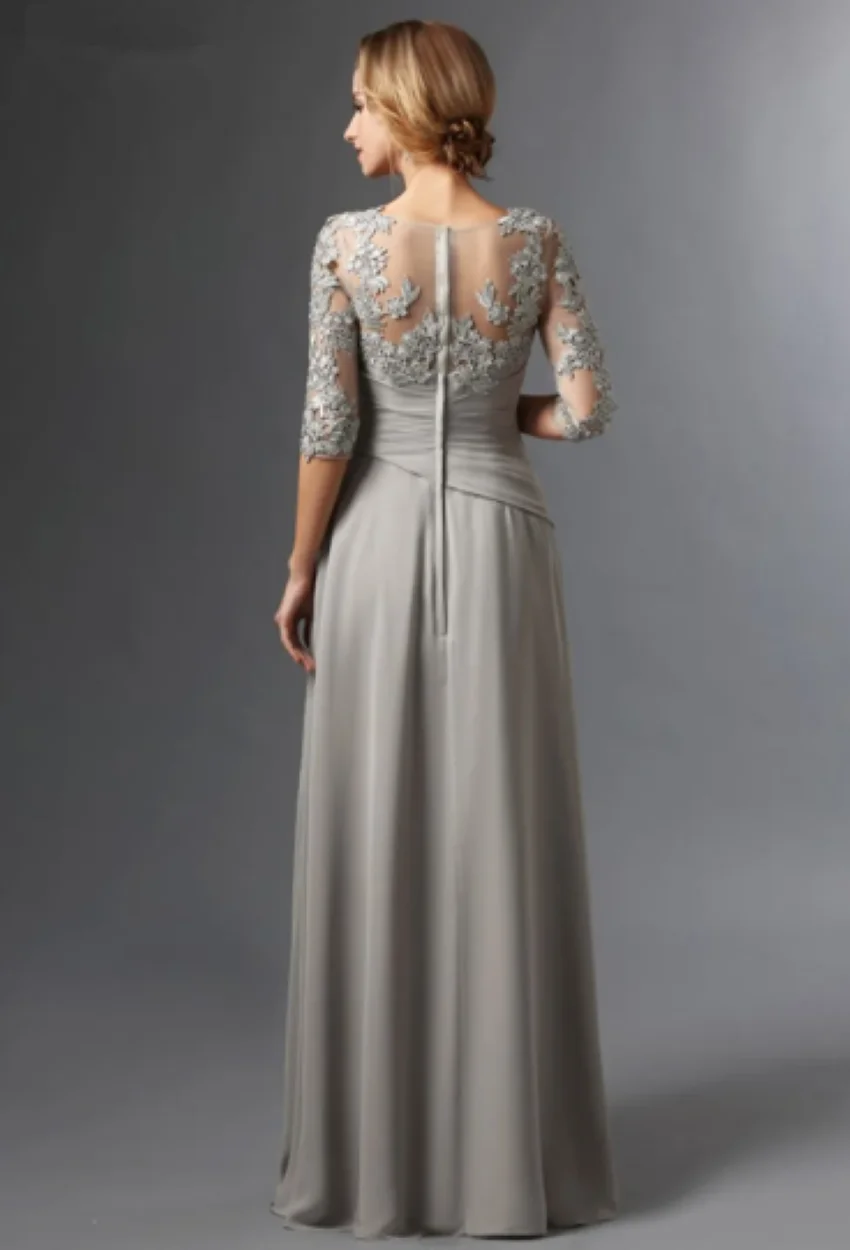 فساتين أم العريس طويلة أنيقة بأكمام 3/4 من الشيفون والدانتيل مقاس كبير فساتين أم العريس باللون الفضي لحفلات الزفاف
