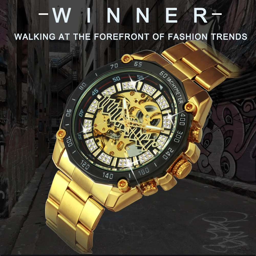 WINNER Military Gold Automatic Watch for Men Luxury Brand Iced Out Skeleton Mechanical Watches Luminous Hands Stainless Steel