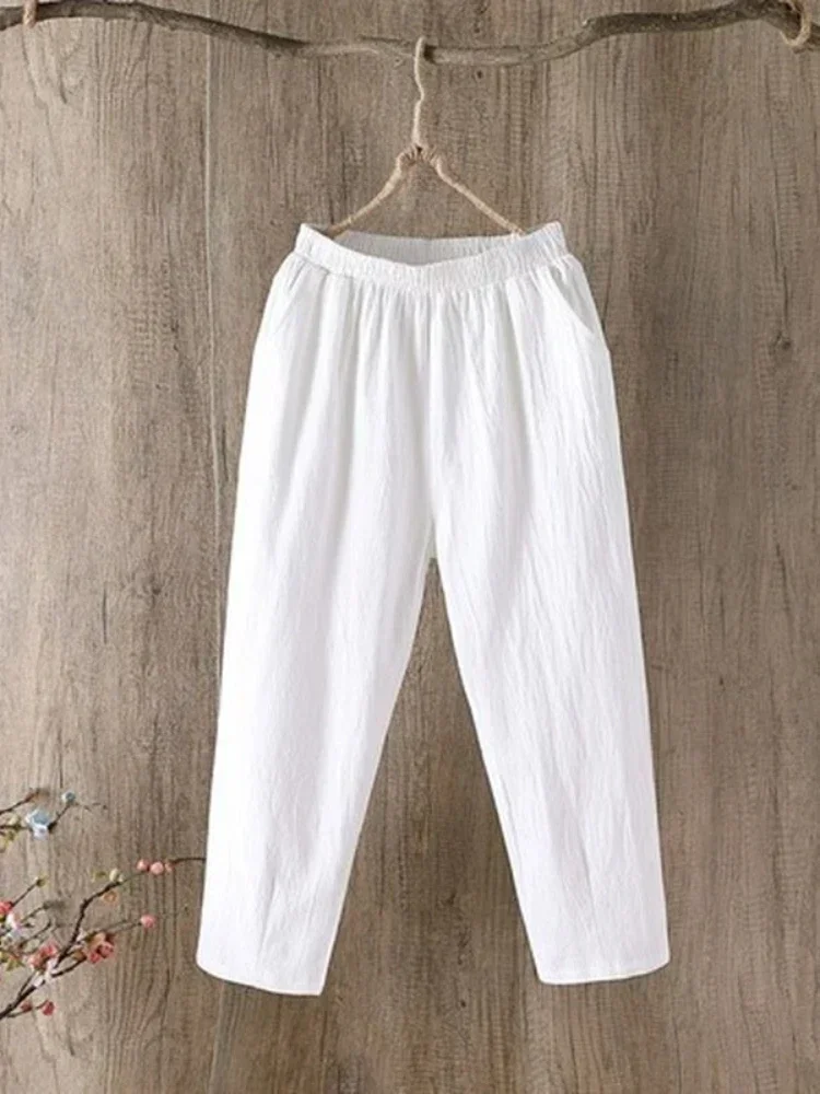 Pantaloni Harem da donna in cotone e lino di grandi dimensioni Pantaloni casual larghi in vita elastica Tinta unita Primavera Estate