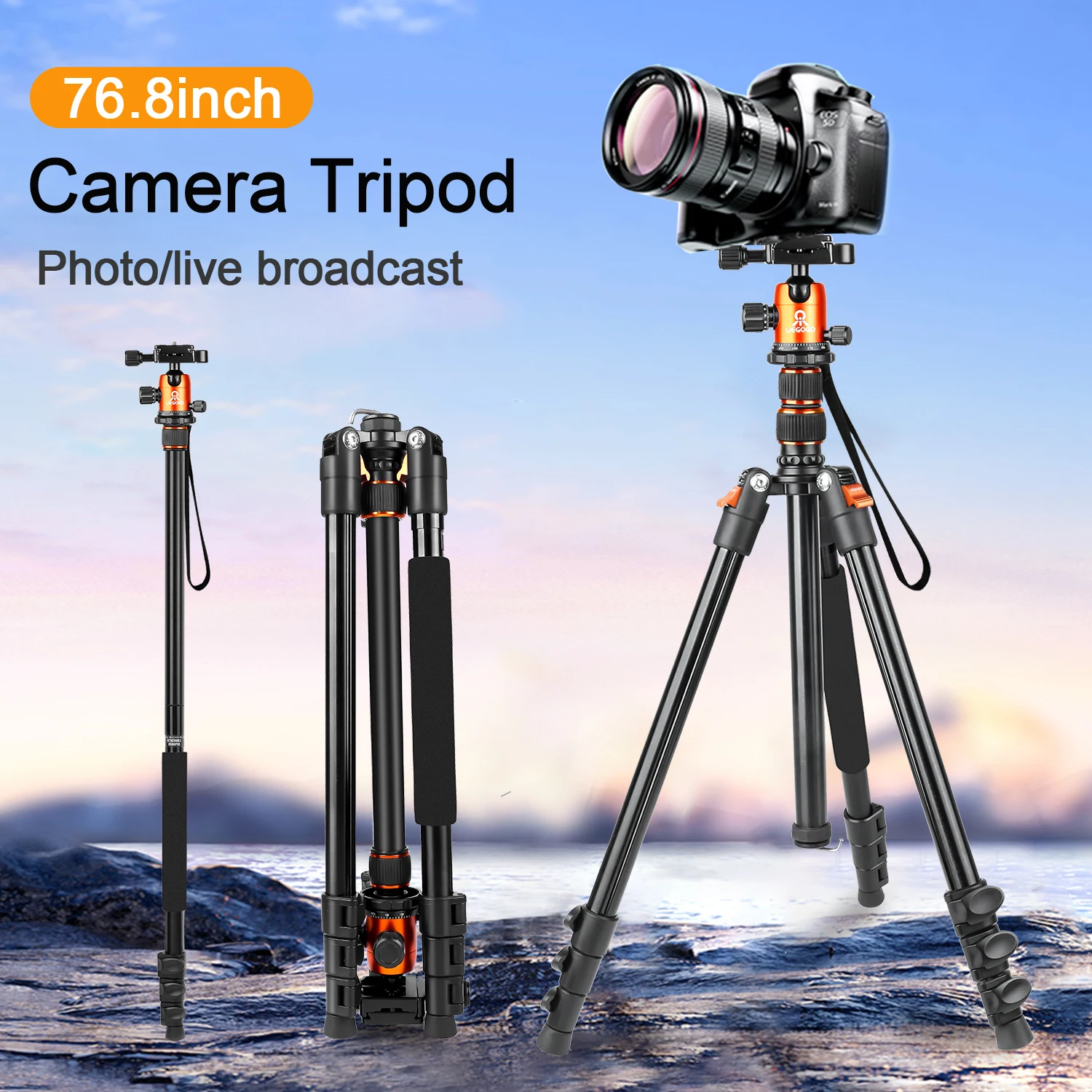 UEGOGO 82.7"/ 210cm 2 in 1 Tripod Monopod, 360°Ball Head, Max.  Adjustable Height from 19" to 83", for Camera DSLR /Phone Conten