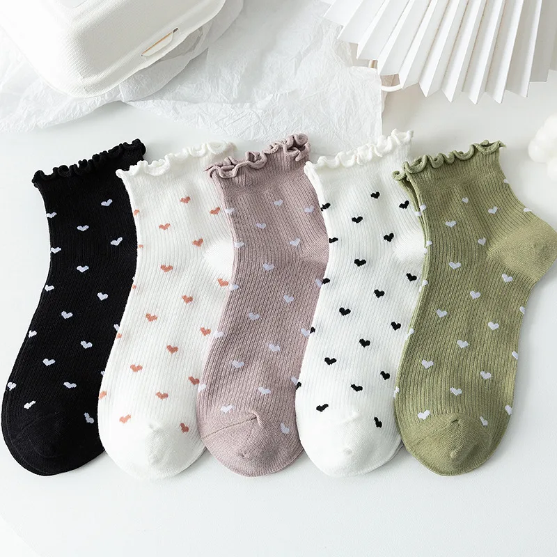 Cute Love Heart  Printed Women Socks Pack Japanese Simplicity Elegant Ladies Short Sox Soft Breathable Wife