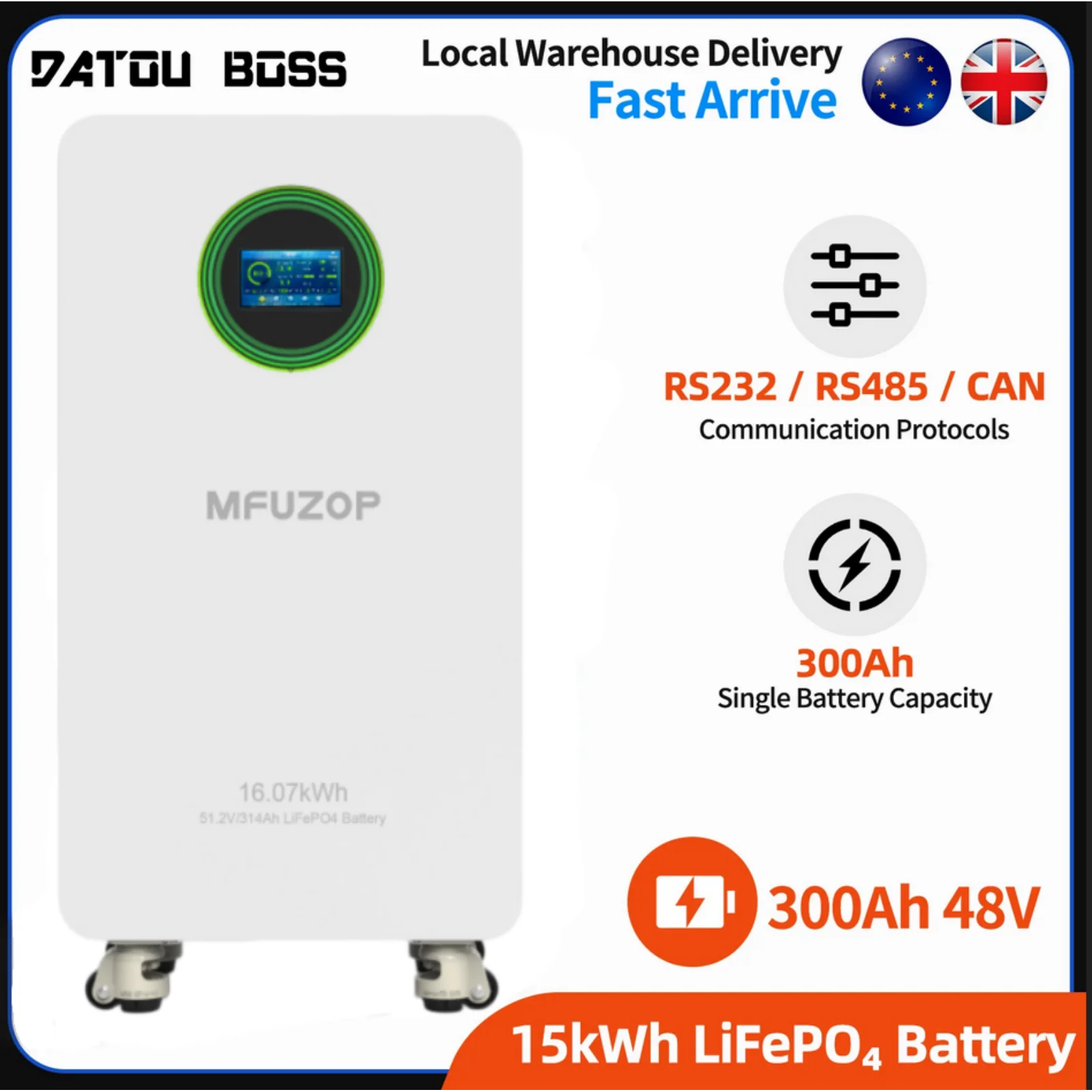 DATOUBOSS 15kwh lifepo4 batterie 300Ah 48V 8000 Cycles Support avec écran tactile Datouboss amovible LiFePo4 pour utilisation sur RV