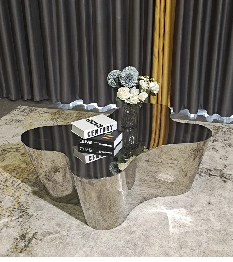 

Необычный журнальный столик из нержавеющей стали, серебряный, зона для встреч, минималистичный стол для переговоров, домашняя гостиная