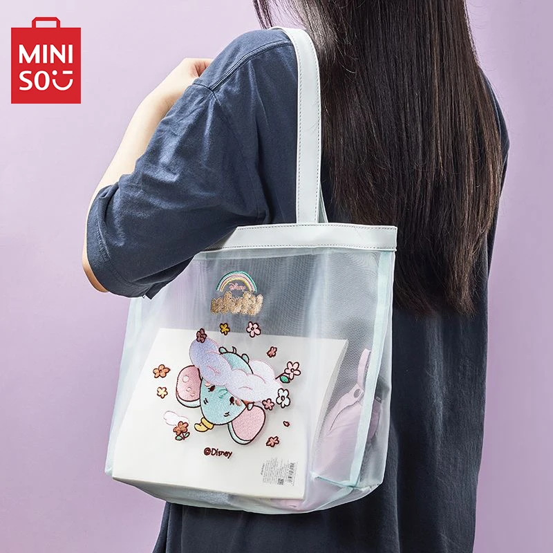 MINISO Disney Tote Bag Transparent Shopping Handbag Ufufy Flower Print Mesh Cartoon Large Capacity Organiser Bag AccessoriesGift