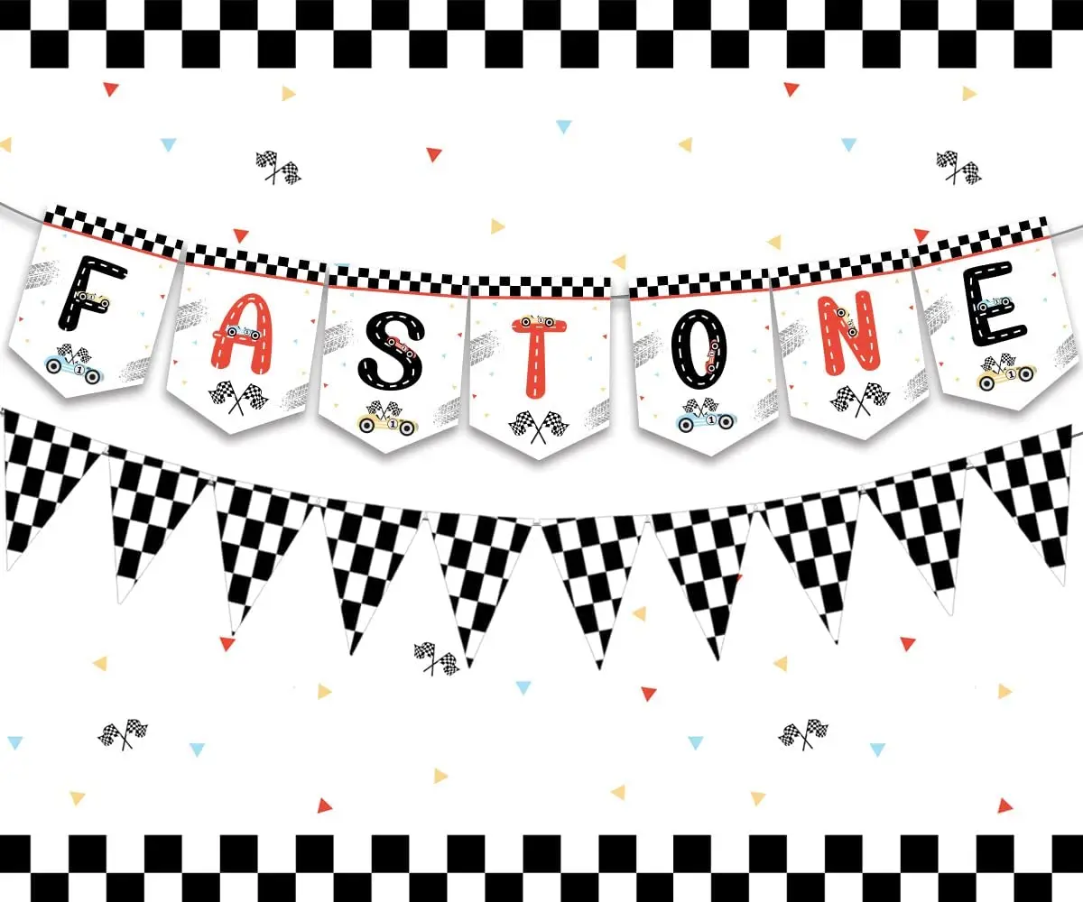 Race Car Themed First Birthday Party Decorations Fast One Banner & Checkered Flag Bunting Garland for Baby’s 1st Party Supplies