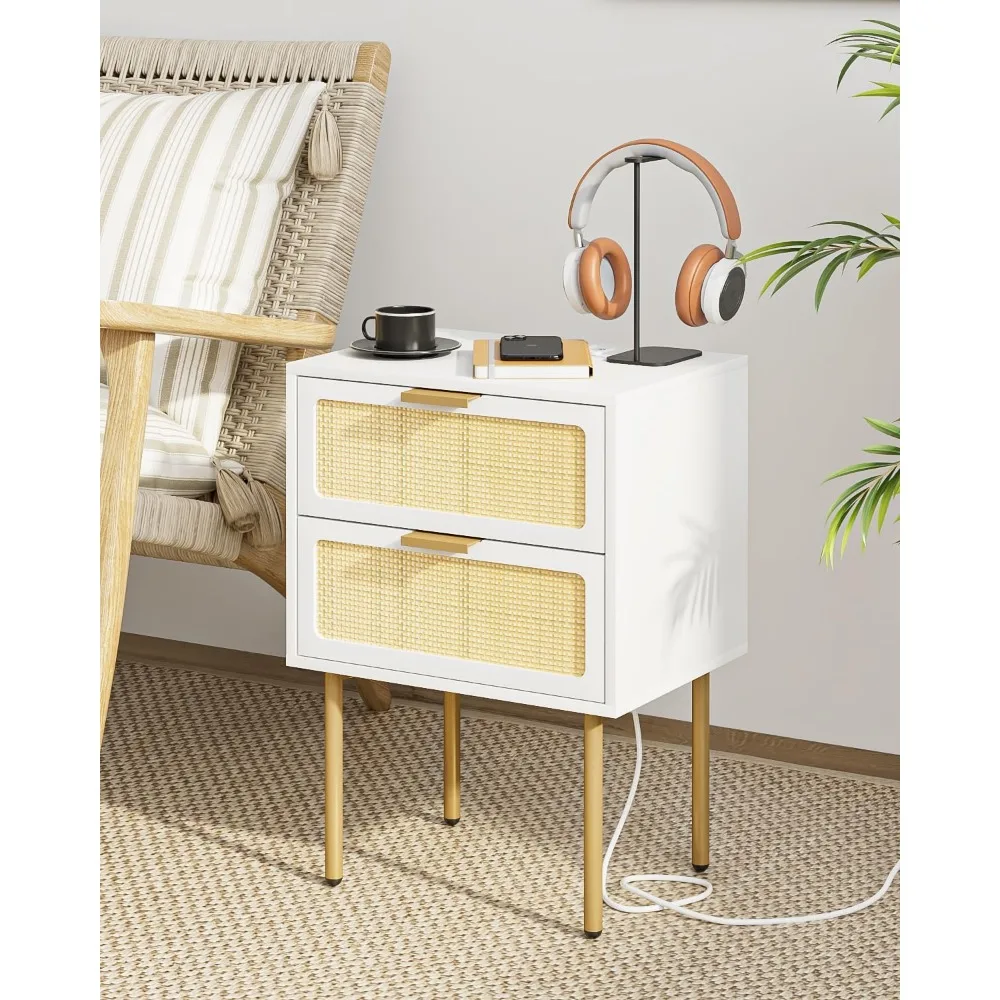 

Rattan Nightstand with Charging Station, 2 Drawer Dresser for Bedroom, Small Bedside Table with 2 Drawers, Night Stand, End Tabl