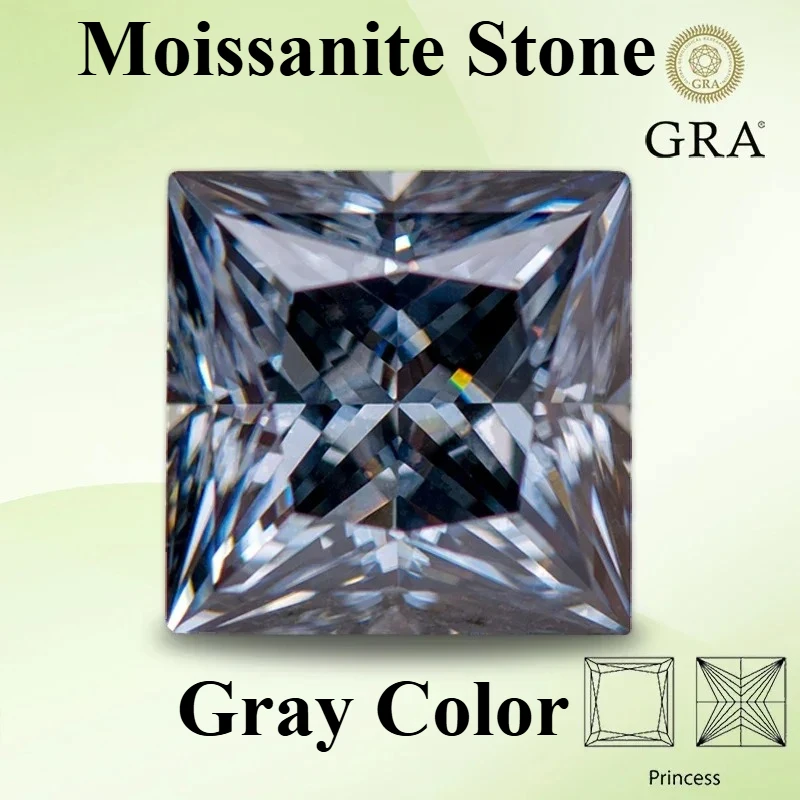 Moissanite Loose Stone Princess Cut Gray Color Gemstone Lab Created Heat Diamond for Charms Women Jewelry with  Certificate