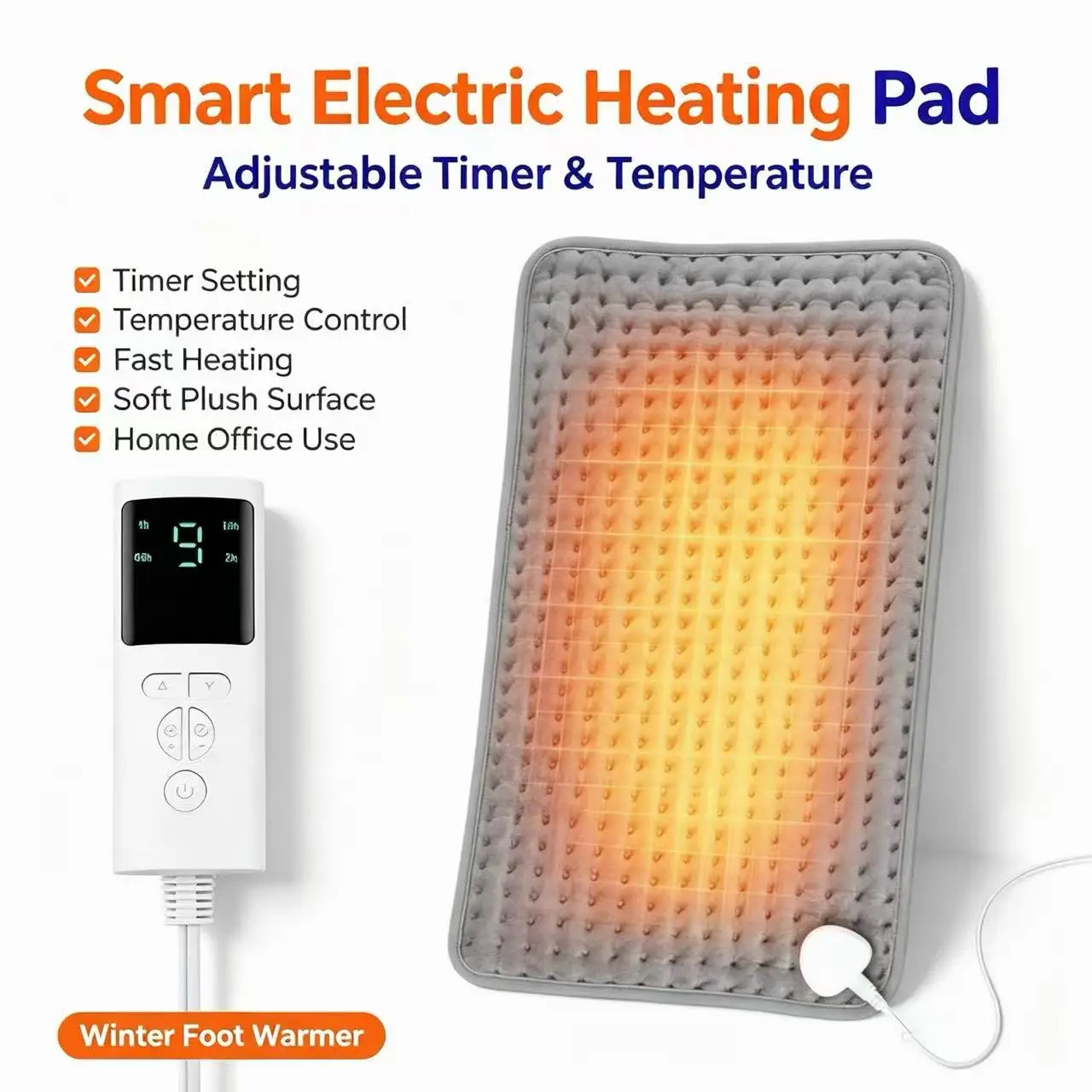 Adjustable Timer Soft Plush Electric Heated Foot Warmer Pad Safe Winter Heating Mat Home Office Indoor Relaxation Foot Heater