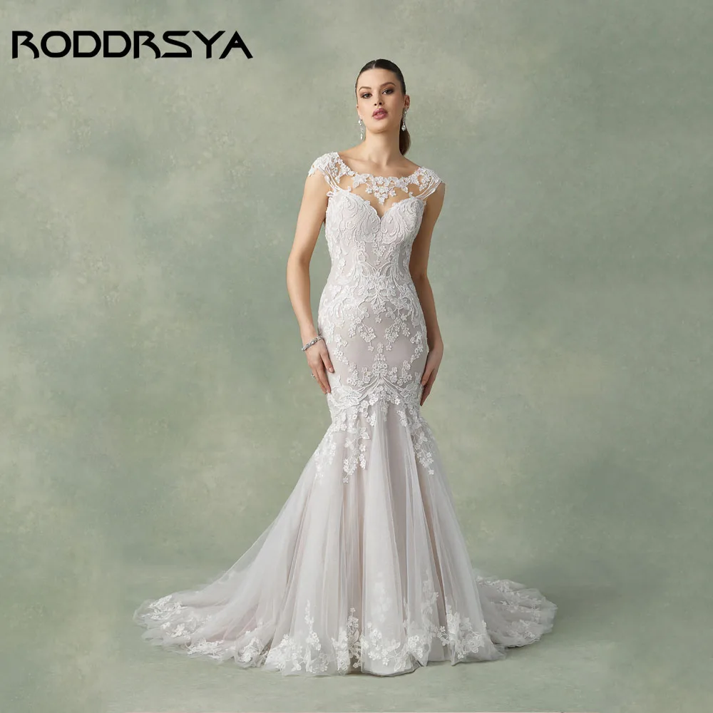 RODDRSY ilusión sirena vestido de novia tul cuello redondo mangas casquillo vestido de fiesta nupcial vestido de novia hecho a medida para mujeres 2024 RODDRSY ilusión sirena vestido de novia tul cuello redondo mangas