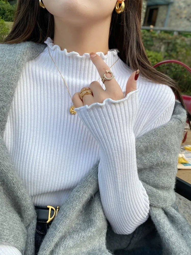 Long Sleeve Ruffles Turtleneck Slim Jumper Soft Warm Pull Femme Autumn Winter Sweater Women Knitted Ribbed Pullover