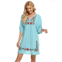 Eaeovni  2022 Summer Dress for Woman Loose V-neck Casual Clothing Cotton Dresses Embroidered Loose Dress