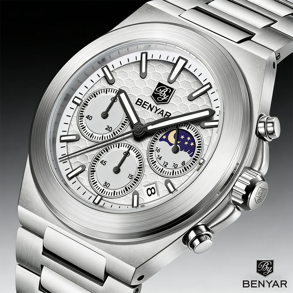 BENYAR Honeycomb Dial Men's Watch 30ATM Waterproof Stainless Steel Quartz Luxury Timing Watch Reloj Hombre
