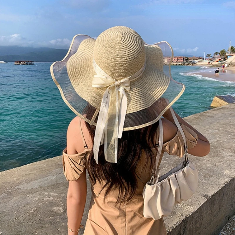 

Large Brim Sun Hats for Women Summer Straw Hat Sun Hat with Bowknot Protection Shading Beach Caps for Women