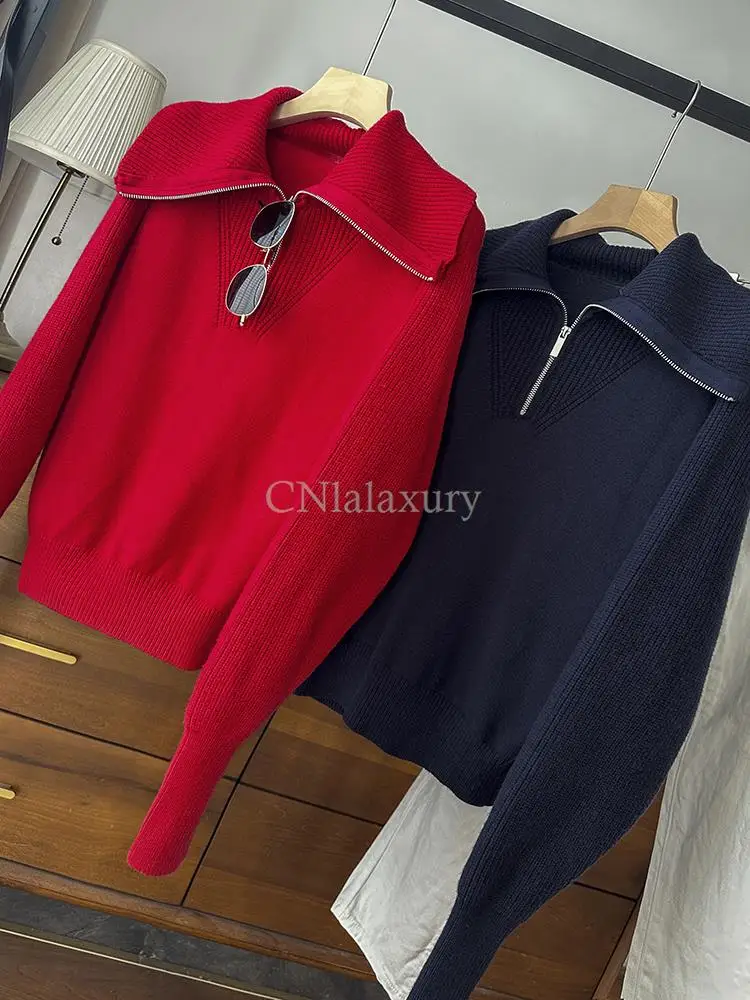 CNlalaxury 2023 Female Autumn Winter Solid Color Polo Collar Zipper Loose Chic Sweater Jumper Pull Femme Long Sleeved Versatile