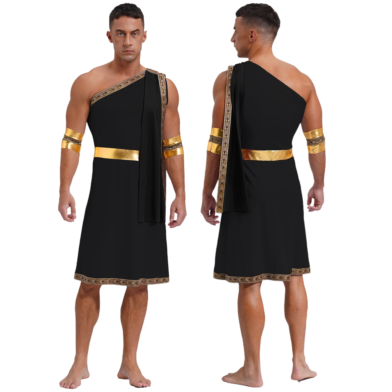 

Mens Ancient Greek God Vintage Toga Halloween Party Cosplay Roman Medieval Knight Warrior One Shoulder Embroidered Trim Robe