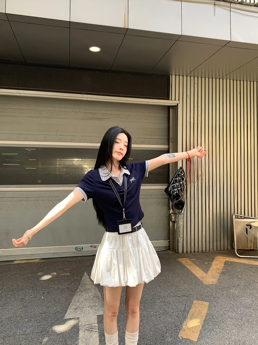 

Blue ort Sve Knitted Top Women's Slim Fit Sle Korean Version Spring College Sle T-irt Upper Body Faion Commute