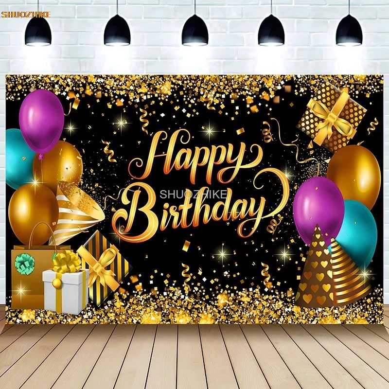 SHUOZHIKE Roze Zwart Goud Gelukkige Verjaardag Achtergrond Glitter Balloon Jongens Meisjes Party Ballon Sparkle Fotostudio Achtergrond JC-07