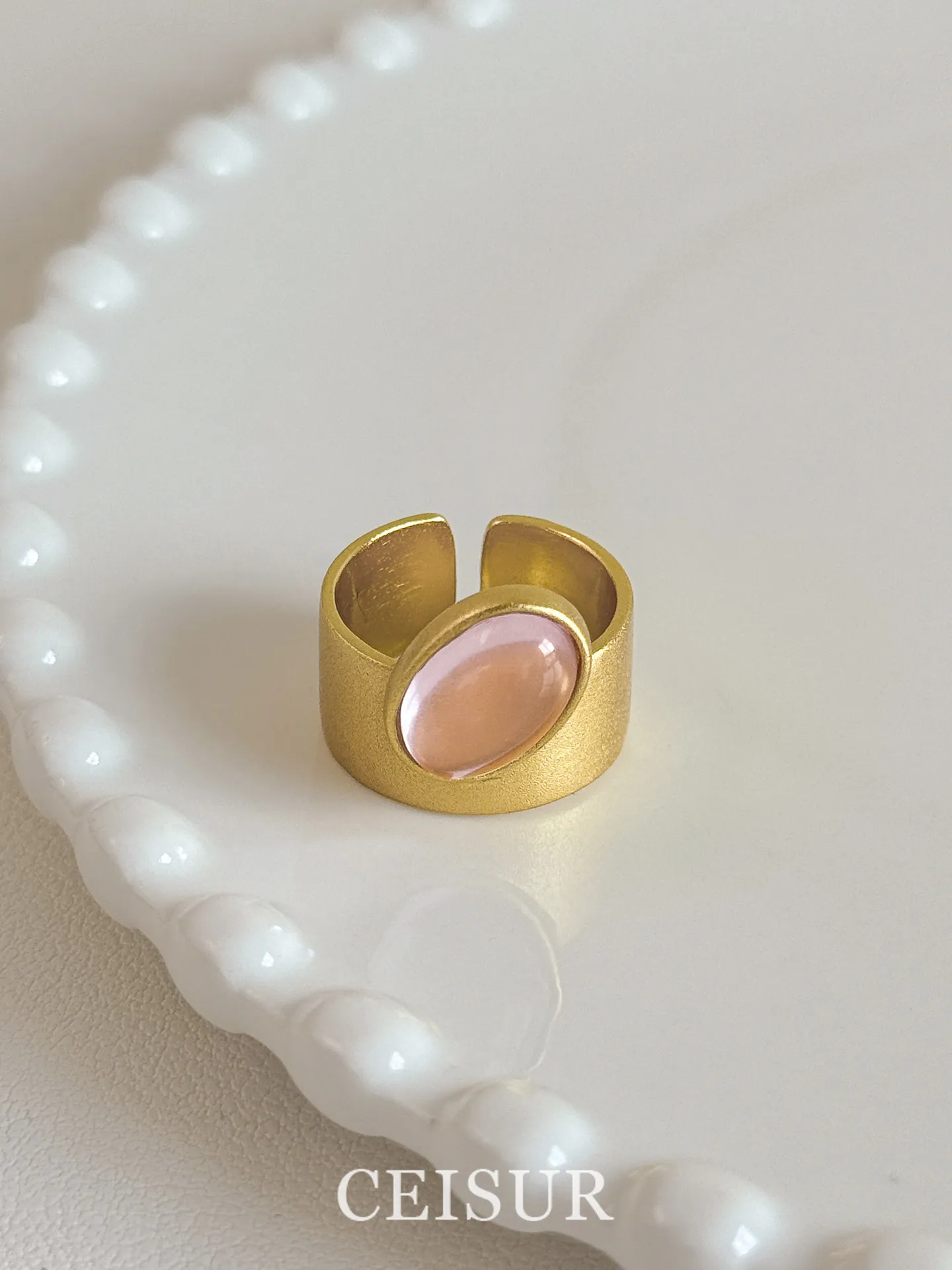 Irregular Pink Teardrop Wide Band Ring Korean Ins Style Versatile Stackable High-End Index Finger Ring for Women