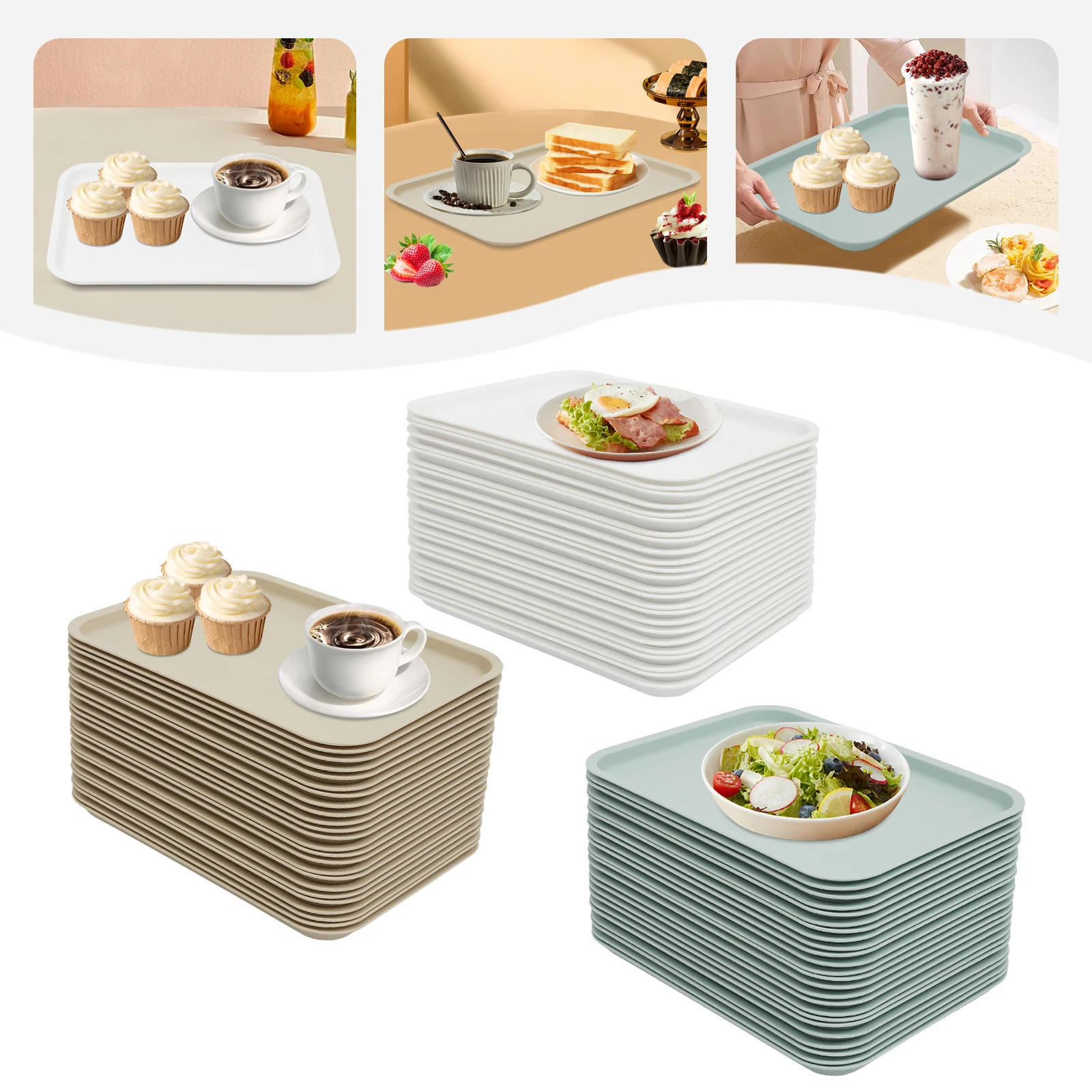 

24-Pack 13.39x9.45inch Multi-Color Fast Food Trays Sturdy PP Rectangle Trays in Blue/Khaki/White for Versatile Use