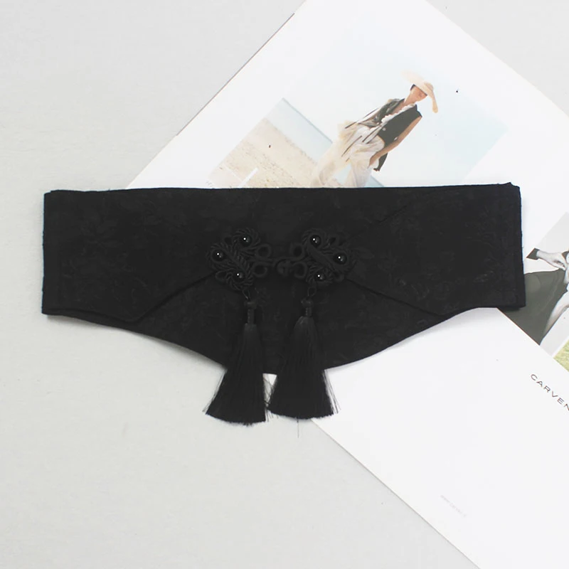 المرأة خمر الأسود مطاطا شرابة Cummerbunds النمط الصيني القديم فستان Hanfu الكورسيهات الخصر الحلي حزام أحزمة واسعة