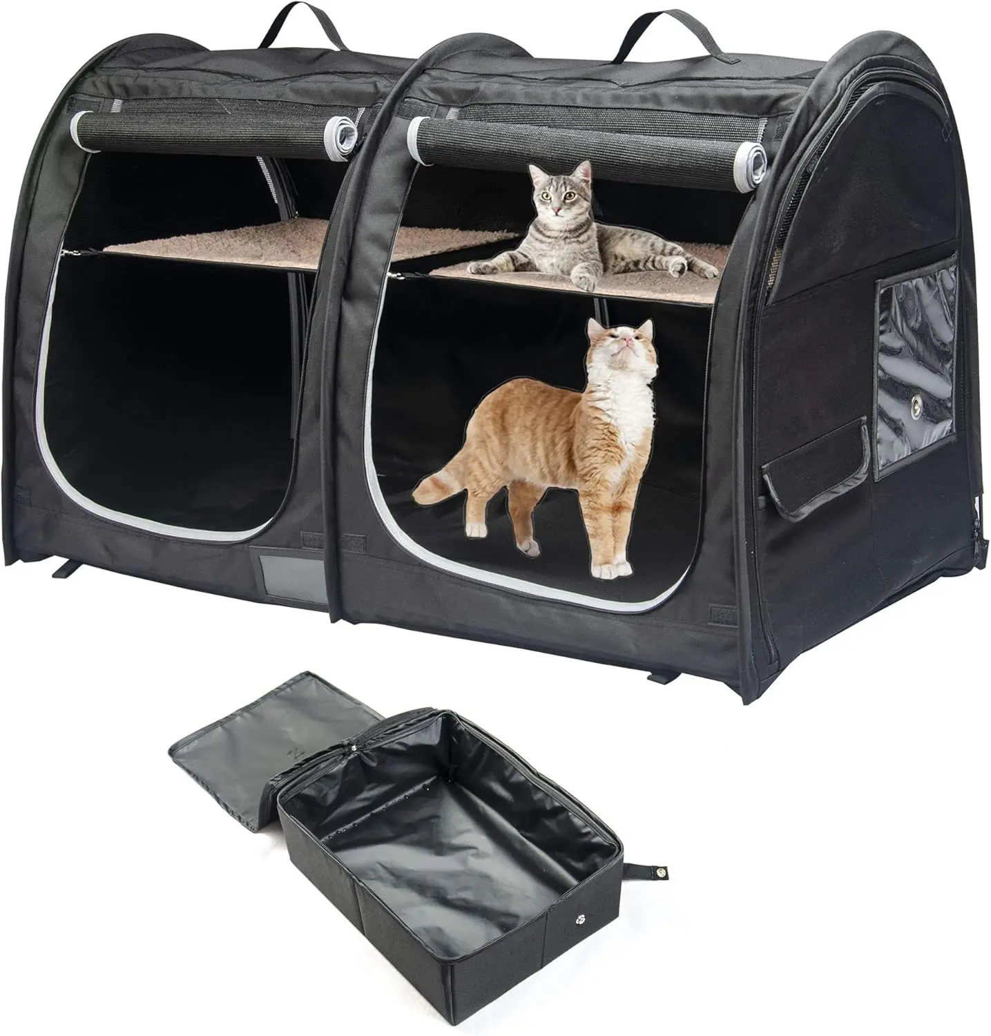 

Portable Twin Compartment Cat Cage with Hammocks, Mats & Litter Box - Foldable Pet Travel Crate