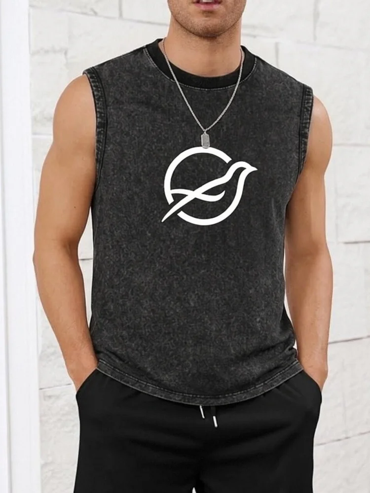 Men Minimal Bird‑Circle Acid‑Wash Tank Top Loose‑Fit Crew Neck Sleeveless T‑Shirt Streetwear Casual Harajuku Summer Gym Vest