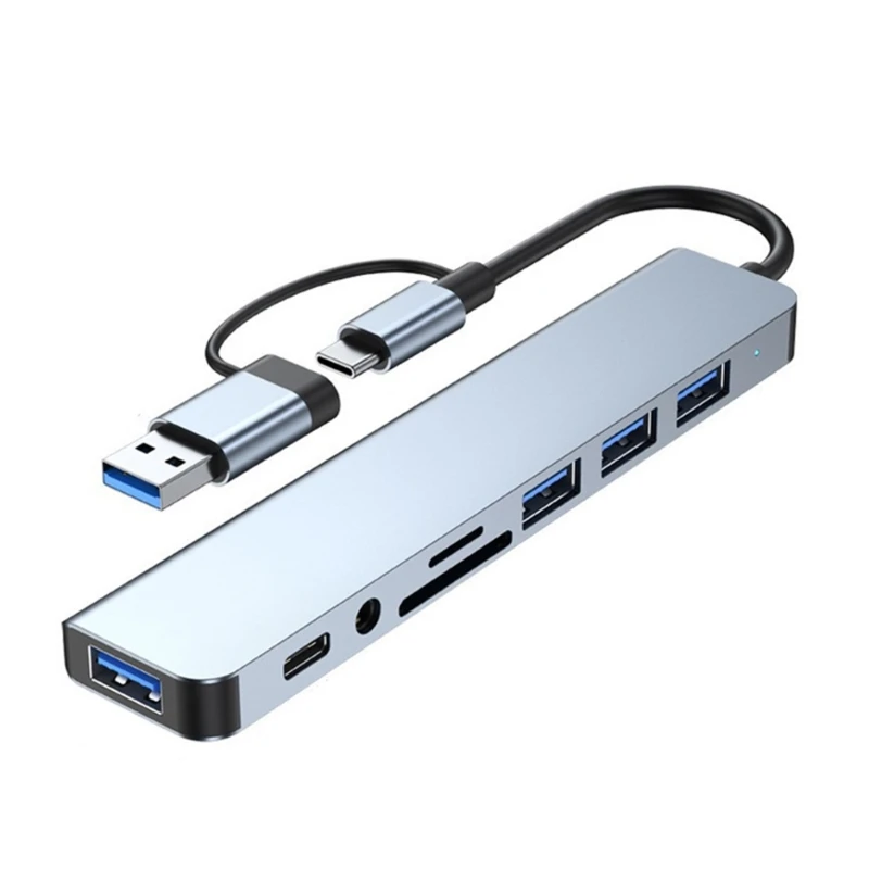 C7AB Aluminum USB C Adapter Hub with 4 USB Port Splitter Adapter Small Card Reader and 3.5 Auditory Port Efficient