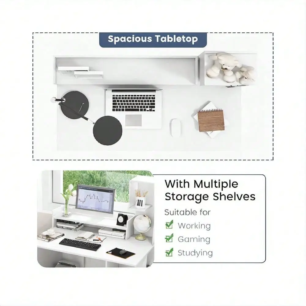 

Modern Home Office Desk, 8Shelf Storage, SpaceSaving Study Desk With Hutch AntiTip, Multifunctional Computer Workstation