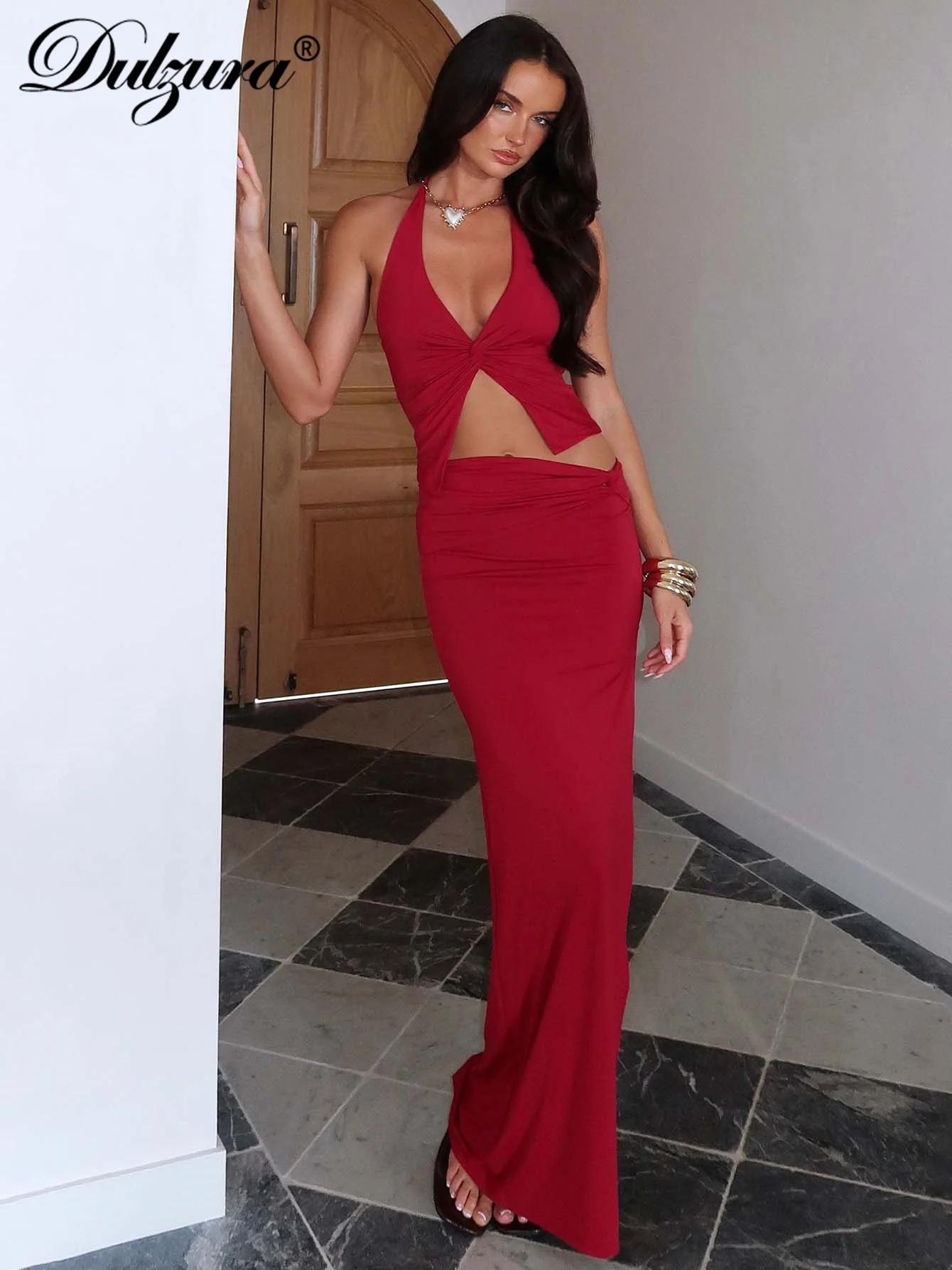 

Dulzura Solid Sexy Elegant 2 Piece Skirt Set Halter Backless Cardigan Top Ruched Side Slit Maxi Skirt Matching Set Party Club