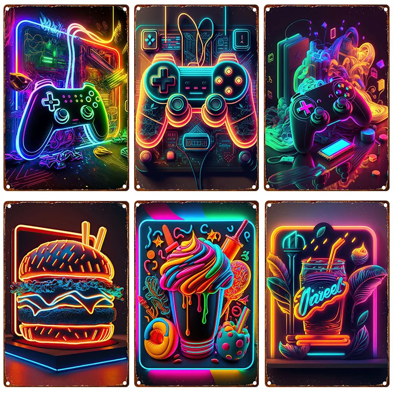 Neon Gaming Zone Metal Tin Signs Game Eat Sleep Food Painting Teens Bedroom Home Decor Men Cave Garage Plaques Wall Art Picture