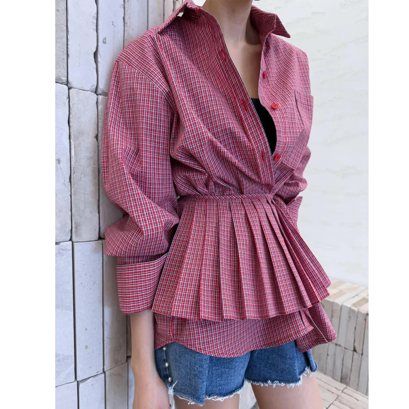 

Клетчатые рубашки в корейском стиле с поясом и длинным рукавом с отложным воротником, модная элегантная черная, синяя, красная блузка, плиссированный топ в клетку на талии