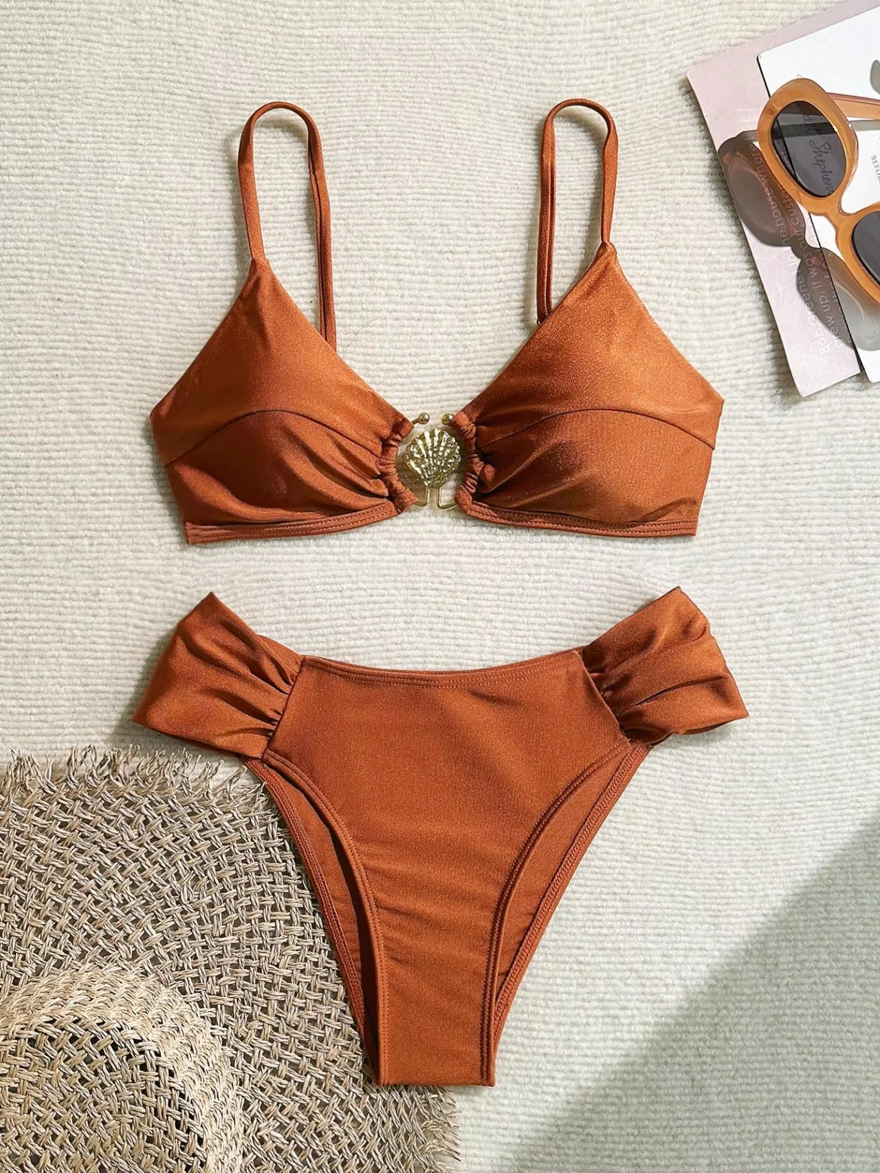 

Sexy Pleate High Waist Bikini Set 2025 Women Orange Metal Buckle Push Up Two Piece Swimsuit Beach Bathing Suit Holiday Swimwear