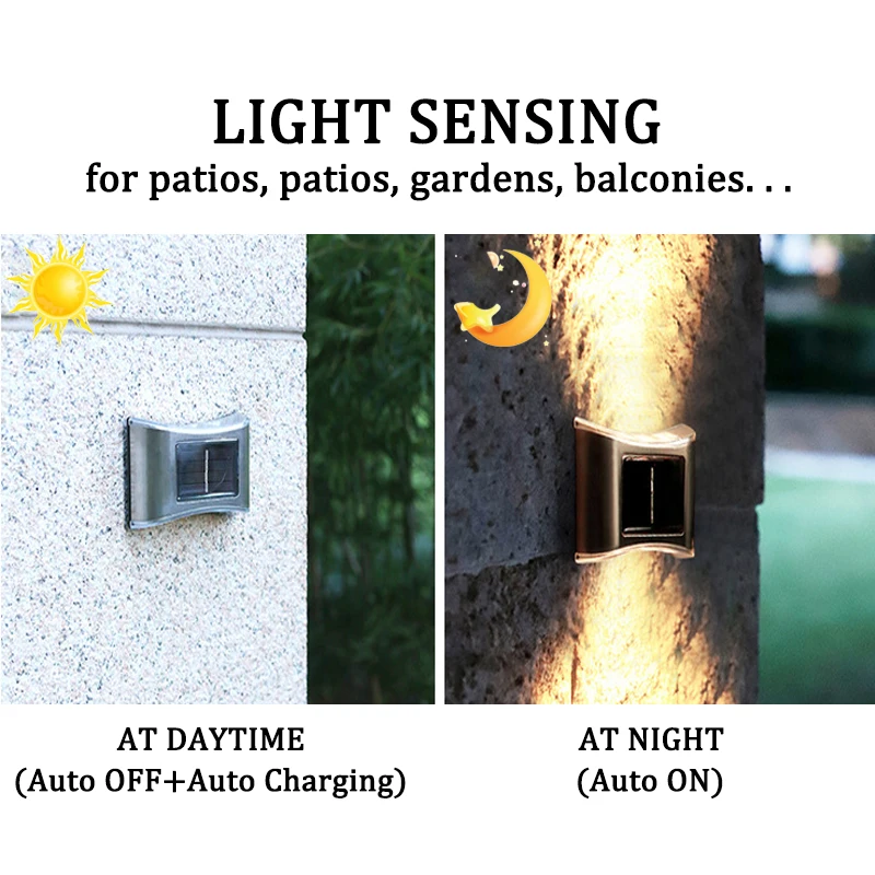 Solar Powered LED Garden Wall Lights Outdoor Waterproof 6LED Stainless Steel Light Sensing Wall Lamp For Patio Fence Yard Street