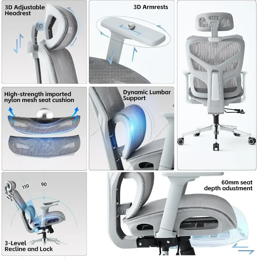 كرسي مكتب شبكي مريح، كرسي مكتب منزلي متين مع مسند رأس قابل للتعديل ودعم قطني وعمق المقعد، مستلق عالي الظهر