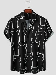 Summer Casual Aloha Shirts with Cats Print - Button Up Short Sleeve Beach for Men