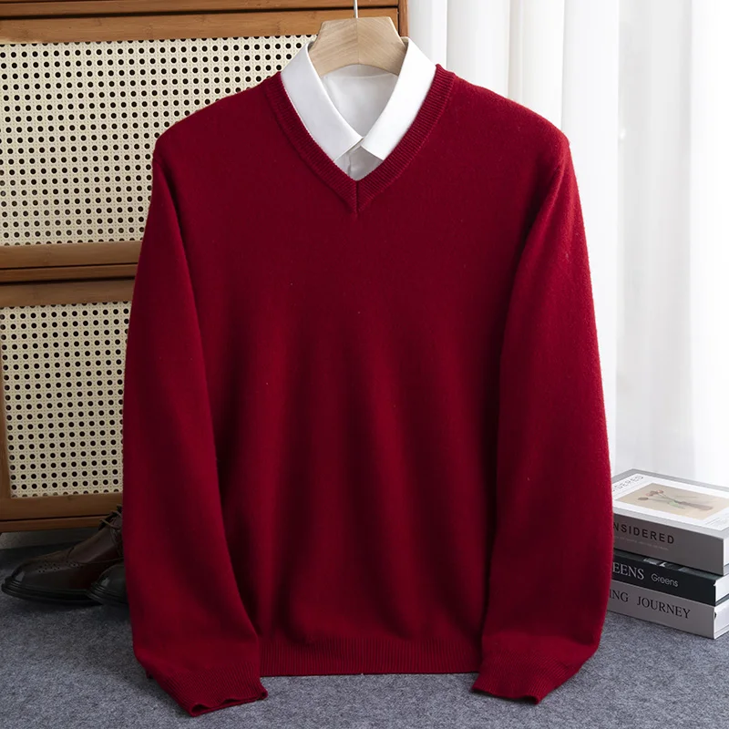 Classic Seamless 100% Pure Wool Pullover Men Basic Knitwear Sweater V-Neck Long Sleeve Business Soft Warm Thick Clothing Tops