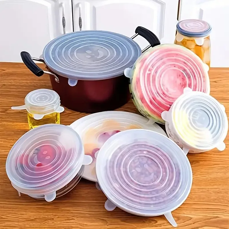 6pcs Silicone Stretch Lids Reusable Universal Round Square BPA-free Silicone Wrap Bowl Pot Lid Cover Pan Cooking Kitchen Tools