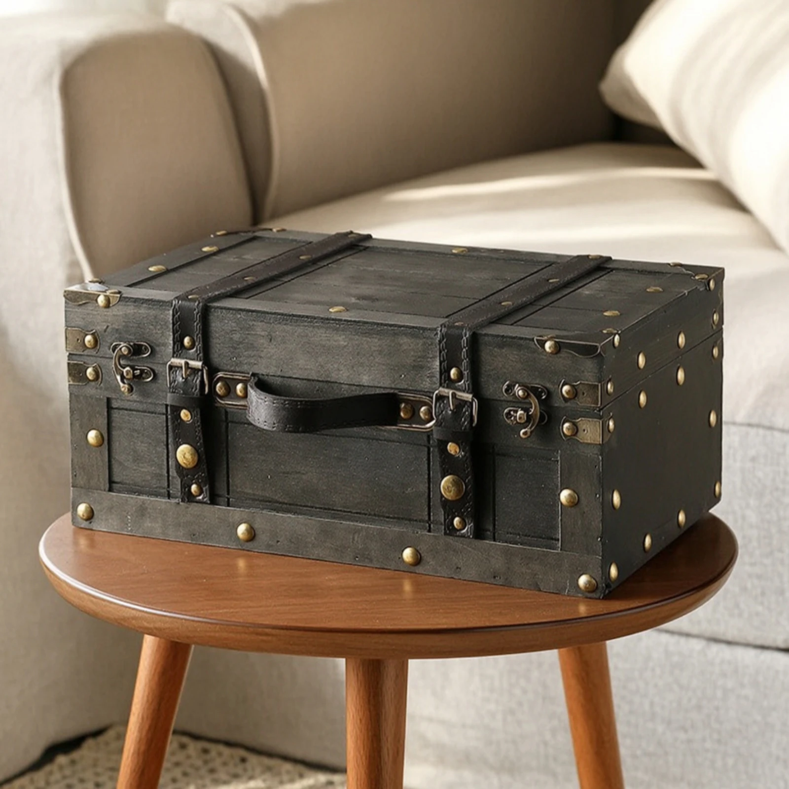 Storage Trunk with Handle Antique-Style Storage Trunk Wooden Chest Farmhouse Decorative Chest Retro for Photographers view 3