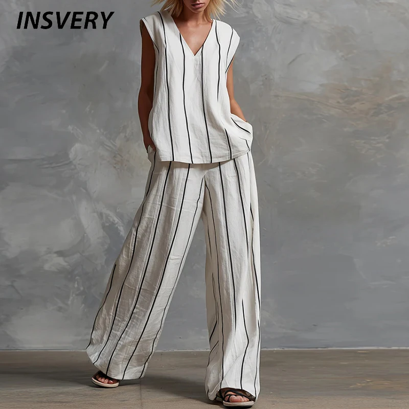 

Summer Striped Printed V Neck Sleeveless T Shirt Vest Loose Pants Suit Women Sportswear 2PC Matching Set Women Two Piece Set