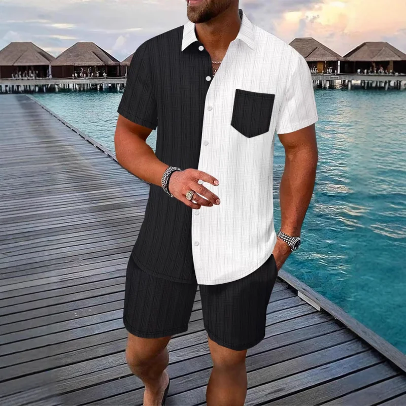 

New Versatile Trendy Summer Men's Hawaiian Jacquard Color Block Pocket Short Sleeve Shorts Turn-down Collar Shirt Casual Set